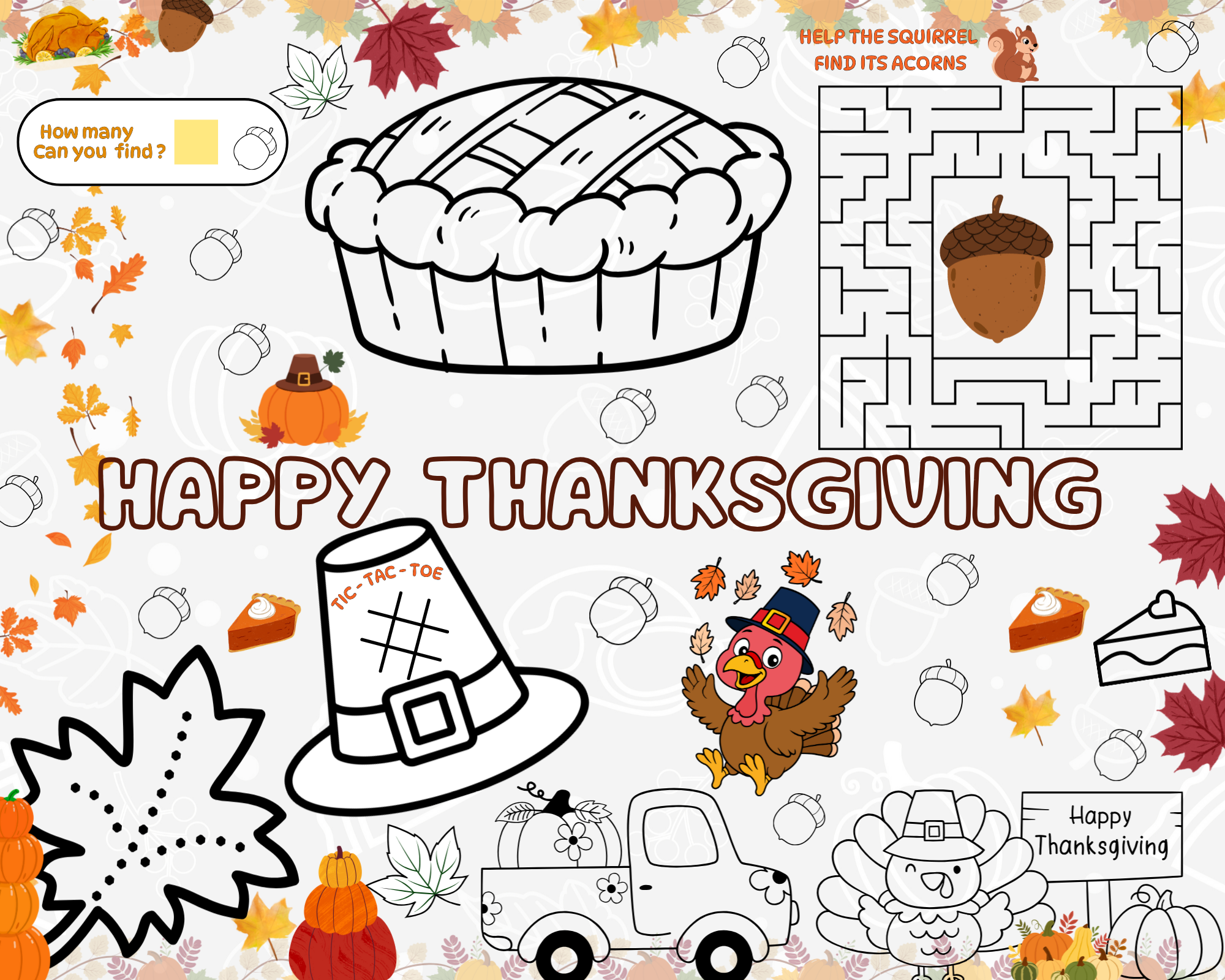 Printed Pack of 12 Thanksgiving Activities – Games and Coloring